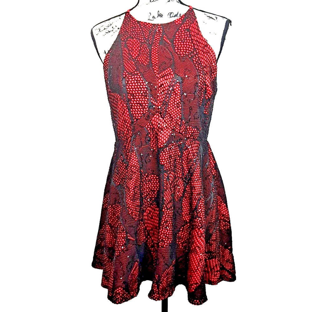 Sequin Mesh Halter Lace Up Back Mini Dress Size XL Red Black Whimsigoth Goth